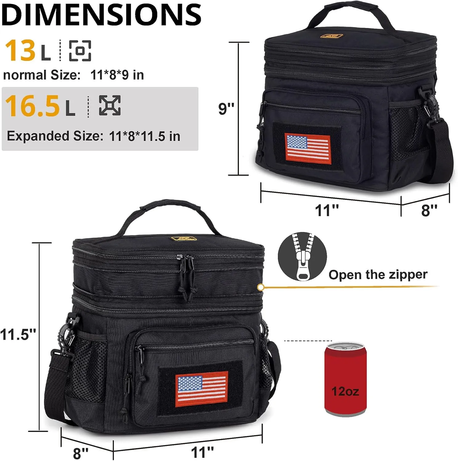 ATRIPACK Lunch Bag for Men, Double Deck Tactical Lunch Box Work with Shoulder Strap MOLLE Webbing Large Lunch Cooler Leakproof Insulated Black