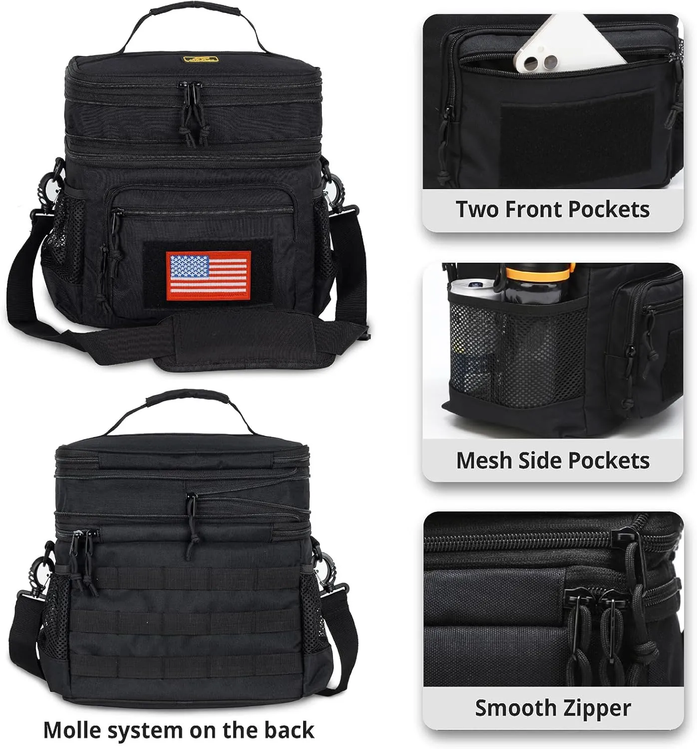 ATRIPACK Lunch Bag for Men, Double Deck Tactical Lunch Box Work with Shoulder Strap MOLLE Webbing Large Lunch Cooler Leakproof Insulated Black