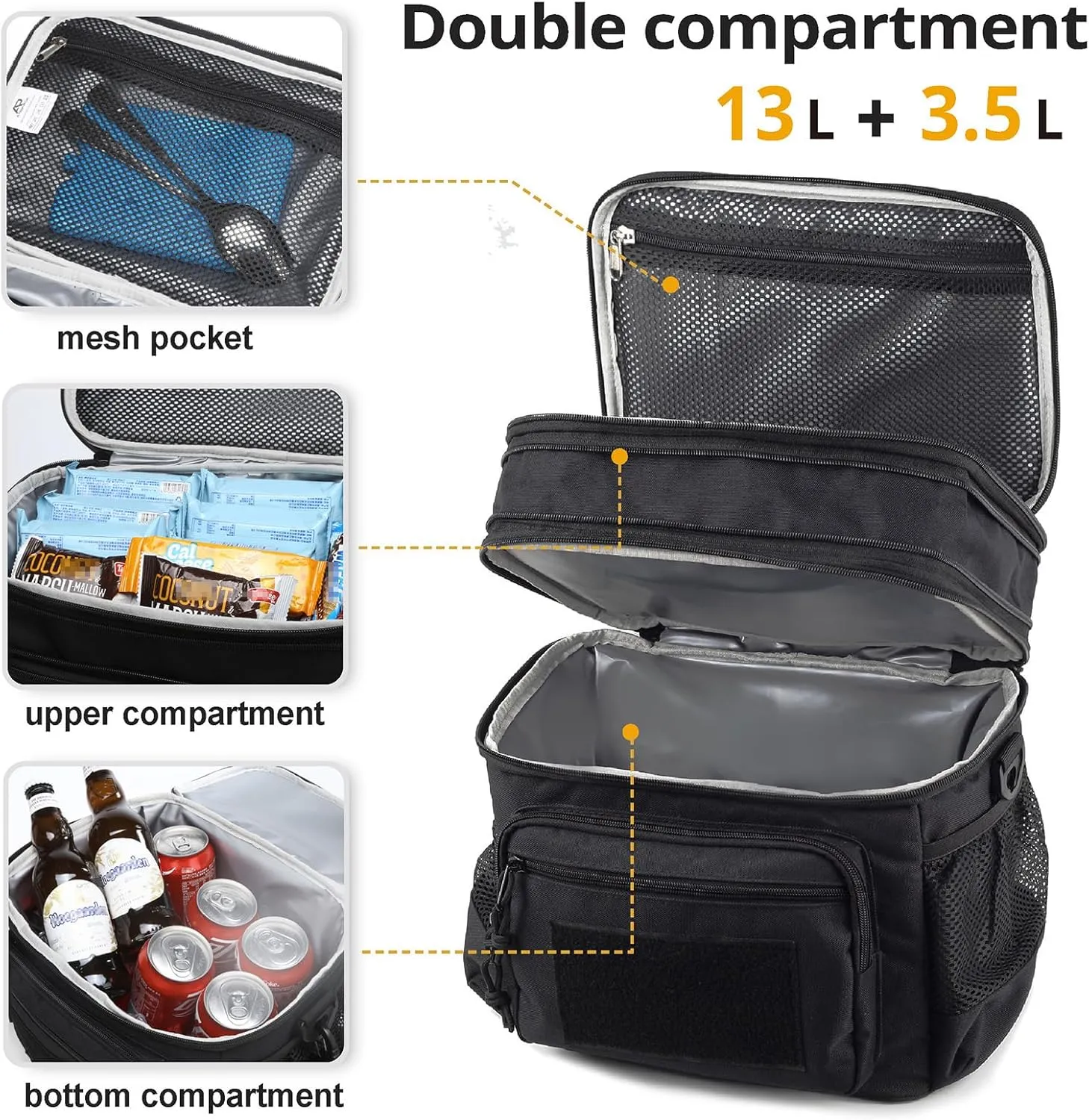 ATRIPACK Lunch Bag for Men, Double Deck Tactical Lunch Box Work with Shoulder Strap MOLLE Webbing Large Lunch Cooler Leakproof Insulated Black