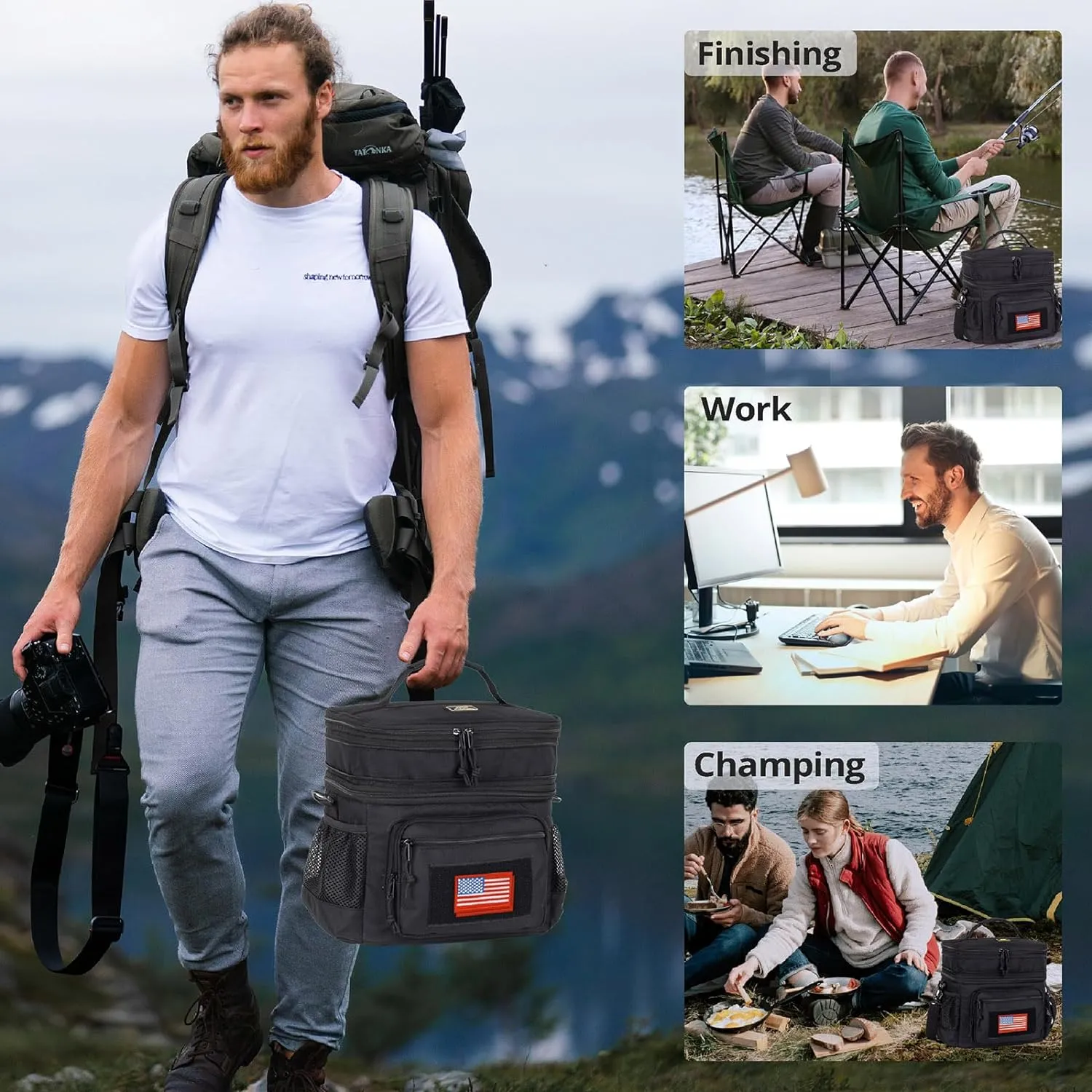 ATRIPACK Lunch Bag for Men, Double Deck Tactical Lunch Box Work with Shoulder Strap MOLLE Webbing Large Lunch Cooler Leakproof Insulated Black