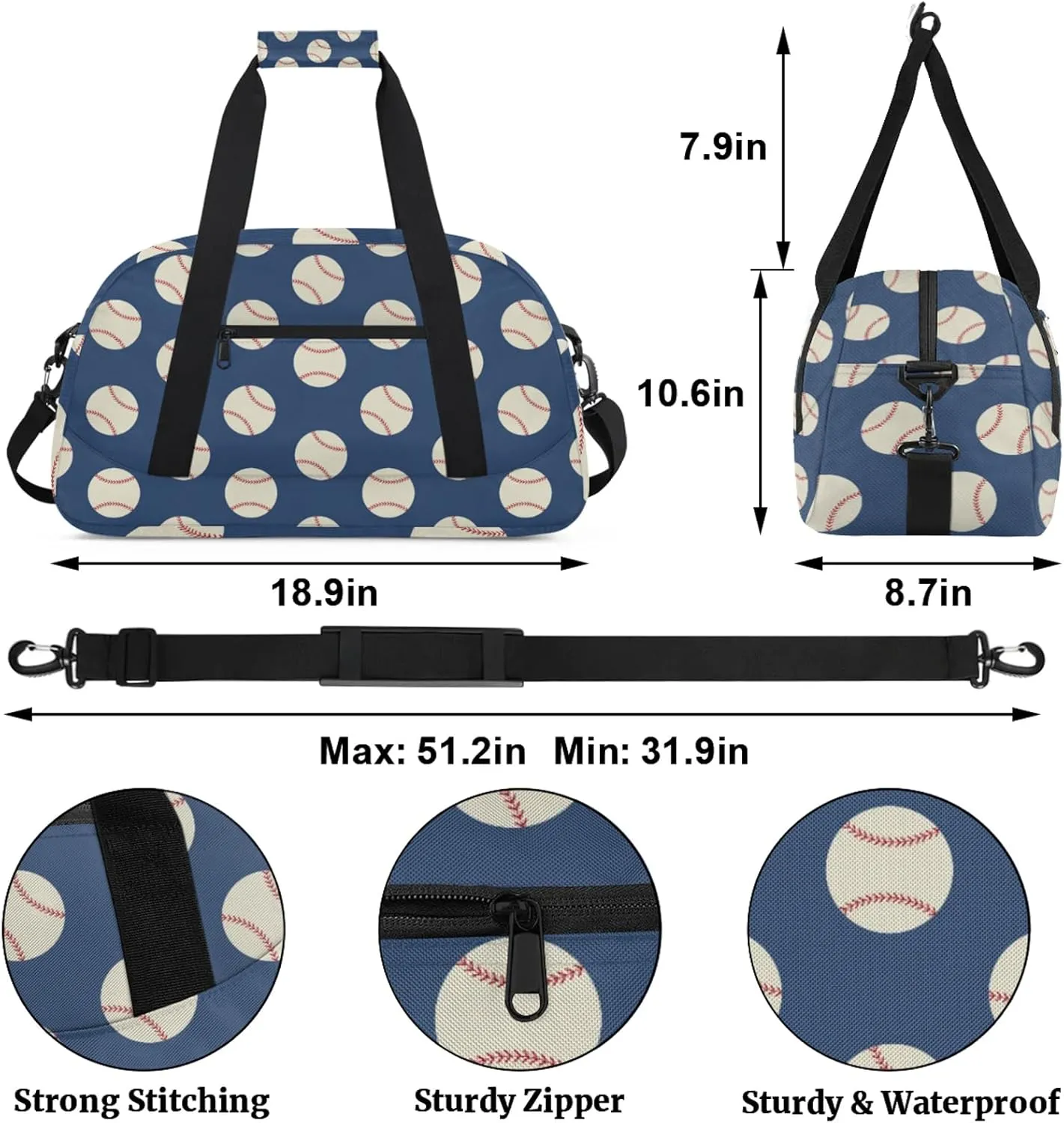 Baseball Navy Blue 18 inch Small Gym Bag for Women and Men, Lightweight Carry On Weekender Bag Mini Duffel Bag for Travel Sports Workout