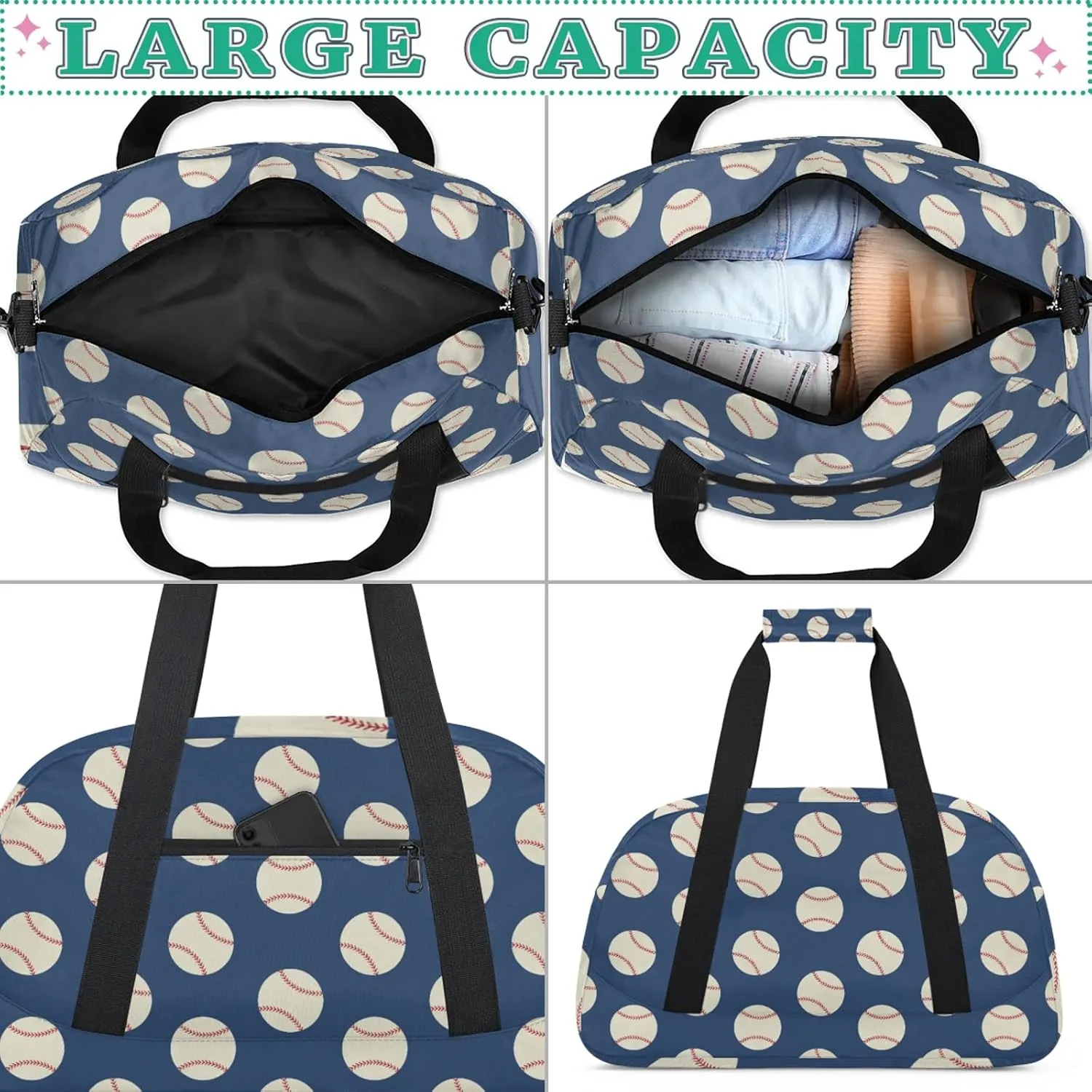 Baseball Navy Blue 18 inch Small Gym Bag for Women and Men, Lightweight Carry On Weekender Bag Mini Duffel Bag for Travel Sports Workout