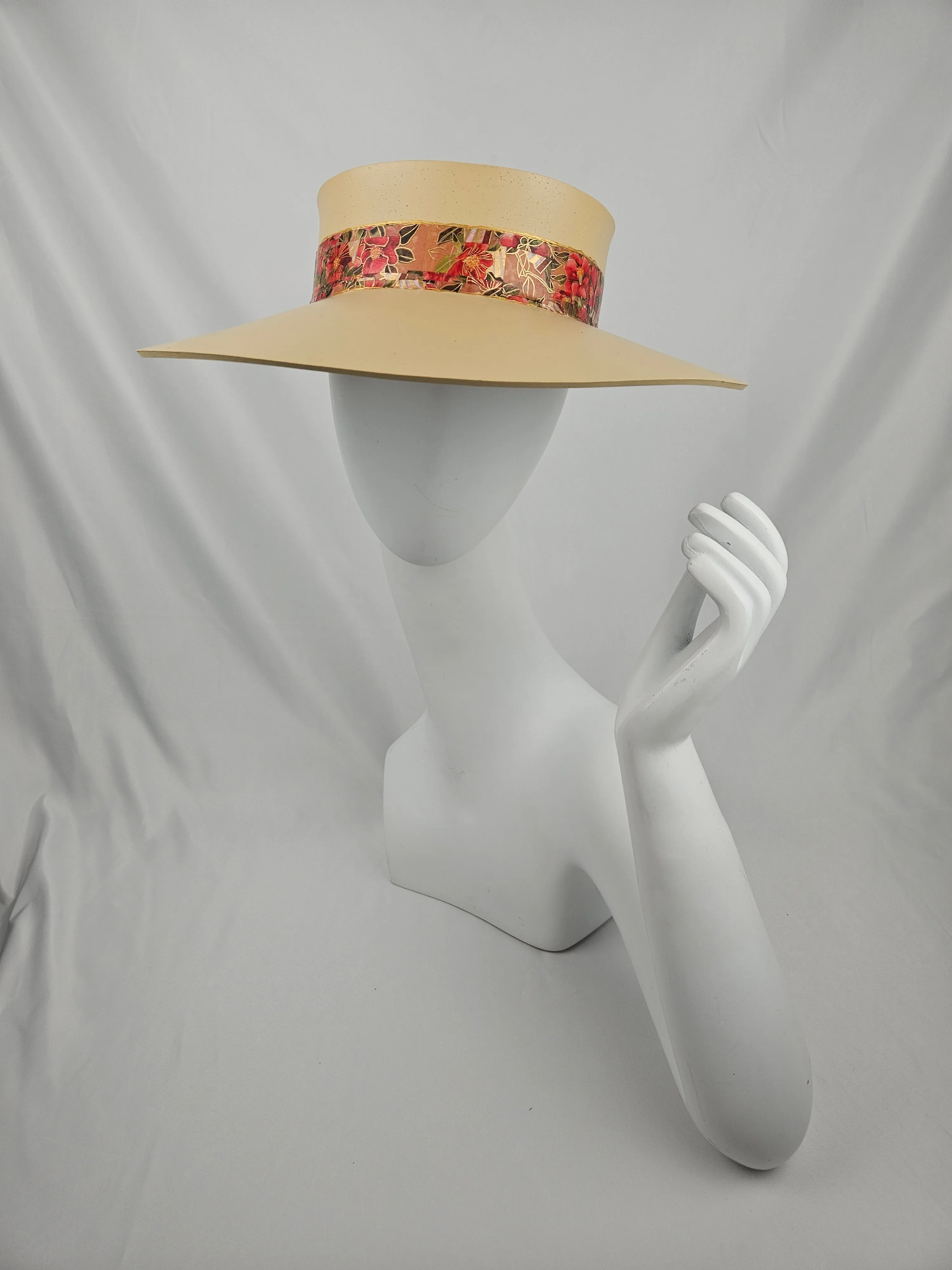 Beige "LadyEVA" Visor Hat with Deep Red Floral Band