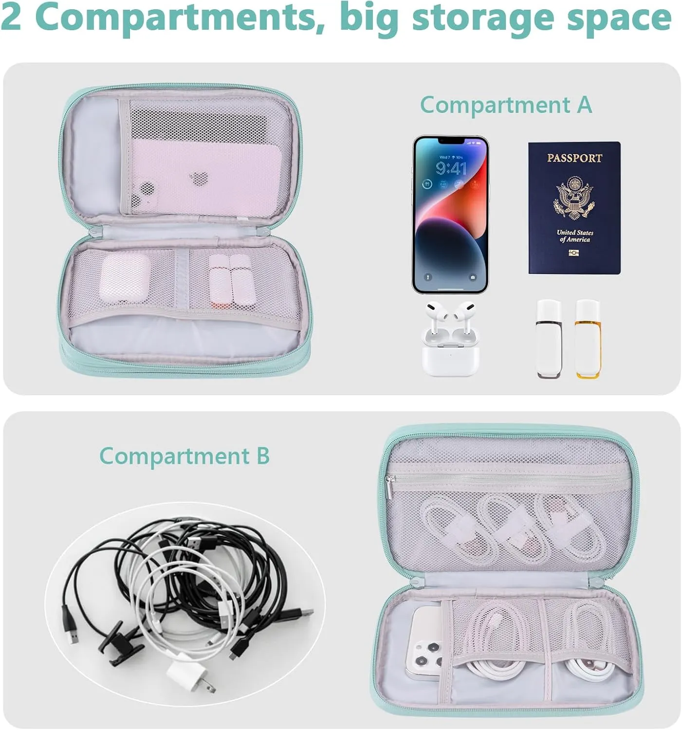 DDgro Tech Organizer Travel Carrying Case Cables Pouch Organize and Storage Accessories Electronics Cords Charger Earphones Power Bank (Mint Green, PU-M)