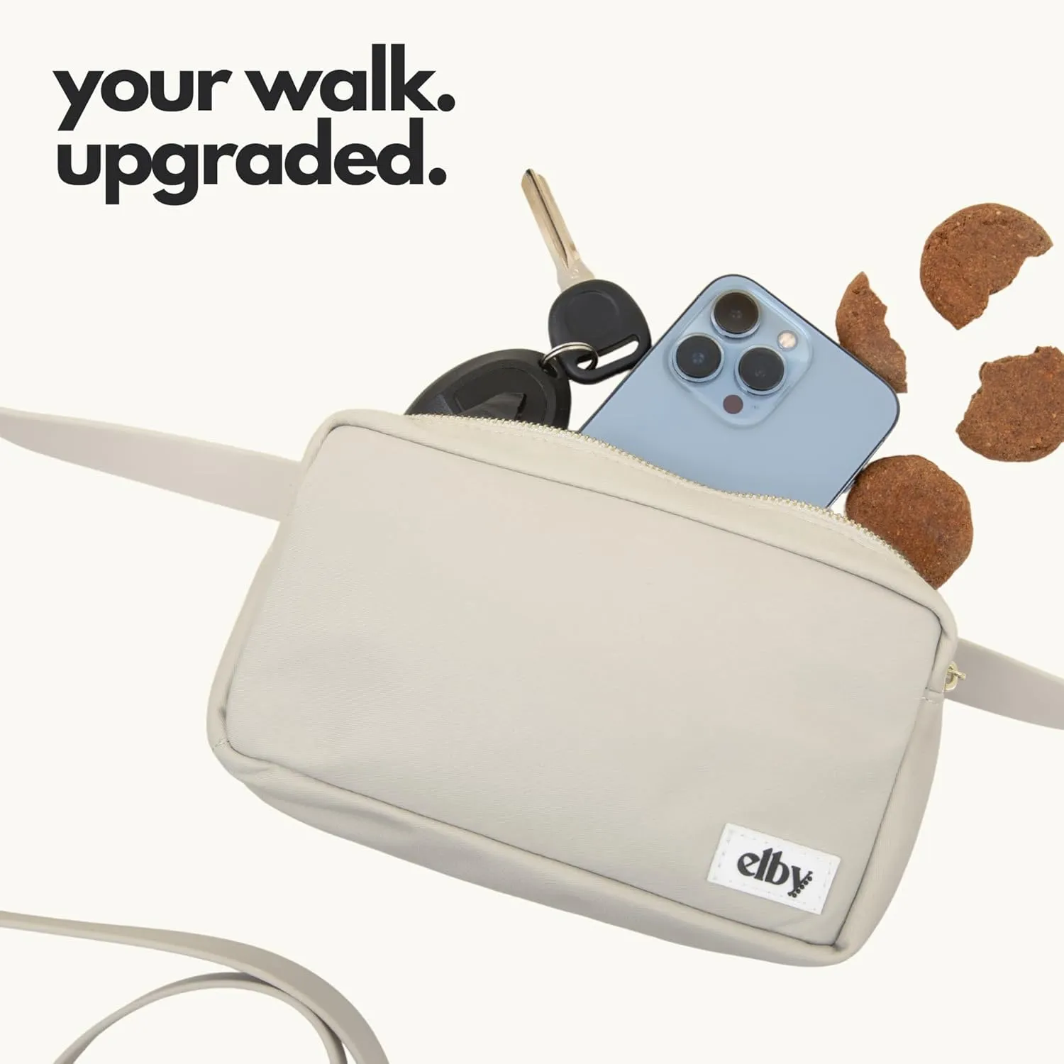 elby - Hands Free Dog Leash with Treat Pouch - Cross Body and Waist - Training Leash with Fanny Pack - Dog Walking Accessories and Walking Essentials - for Medium and Large Dogs (Beige, Regular)