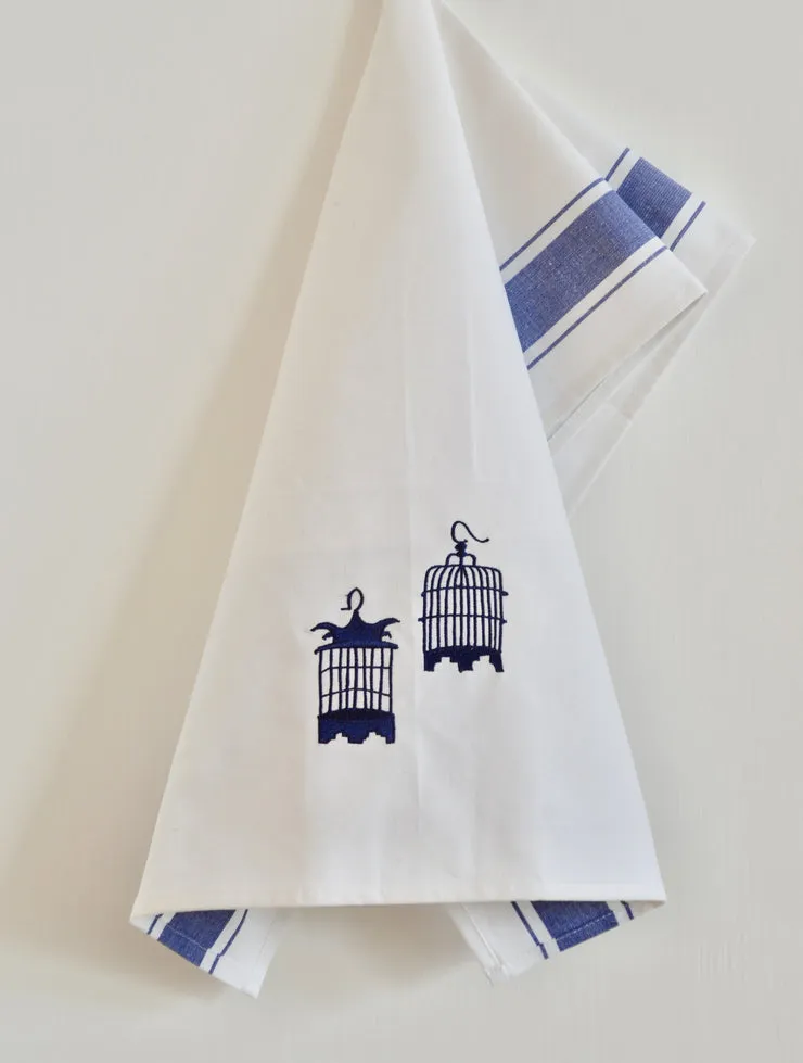 Embroidered Birdcages Tea Towel by Zest of Asia, Blue