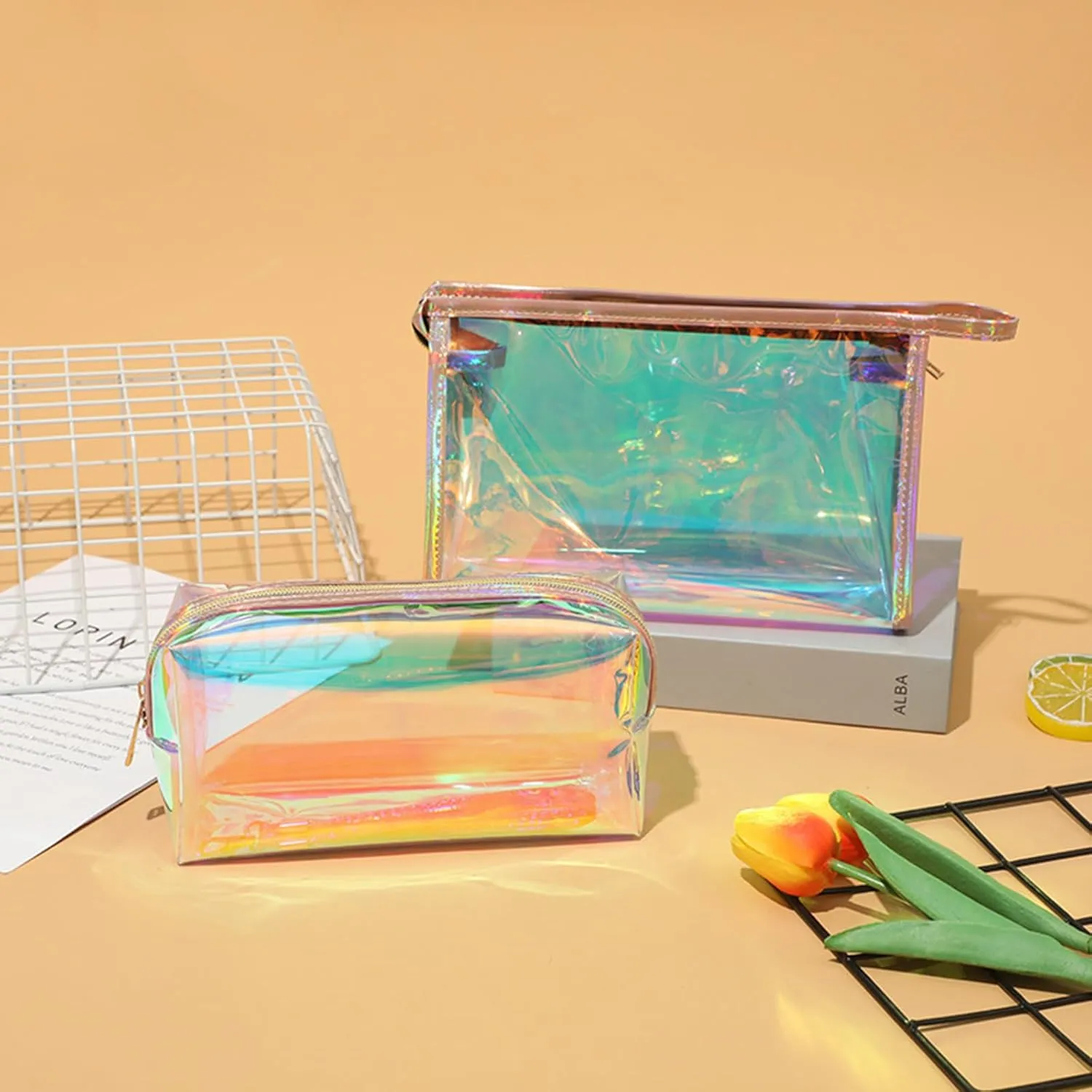 Iridescent Holographic Makeup Bag with Portable Handle, Travel Clear Toiletry Bag, Lipstick Cosmetic Pouch, Waterproof Zipper Beach Bag Make up Organizer Case for Woman Teen Girl, B