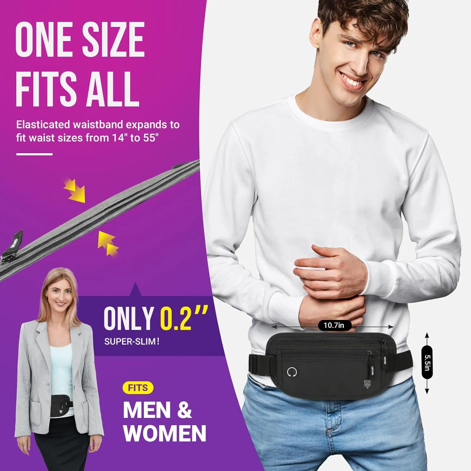 Passport Holder for Travel for Men and Women Hidden Money Belt Black Travel Wallet with RFID Blocking Sleeve Fanny Pack for Men
