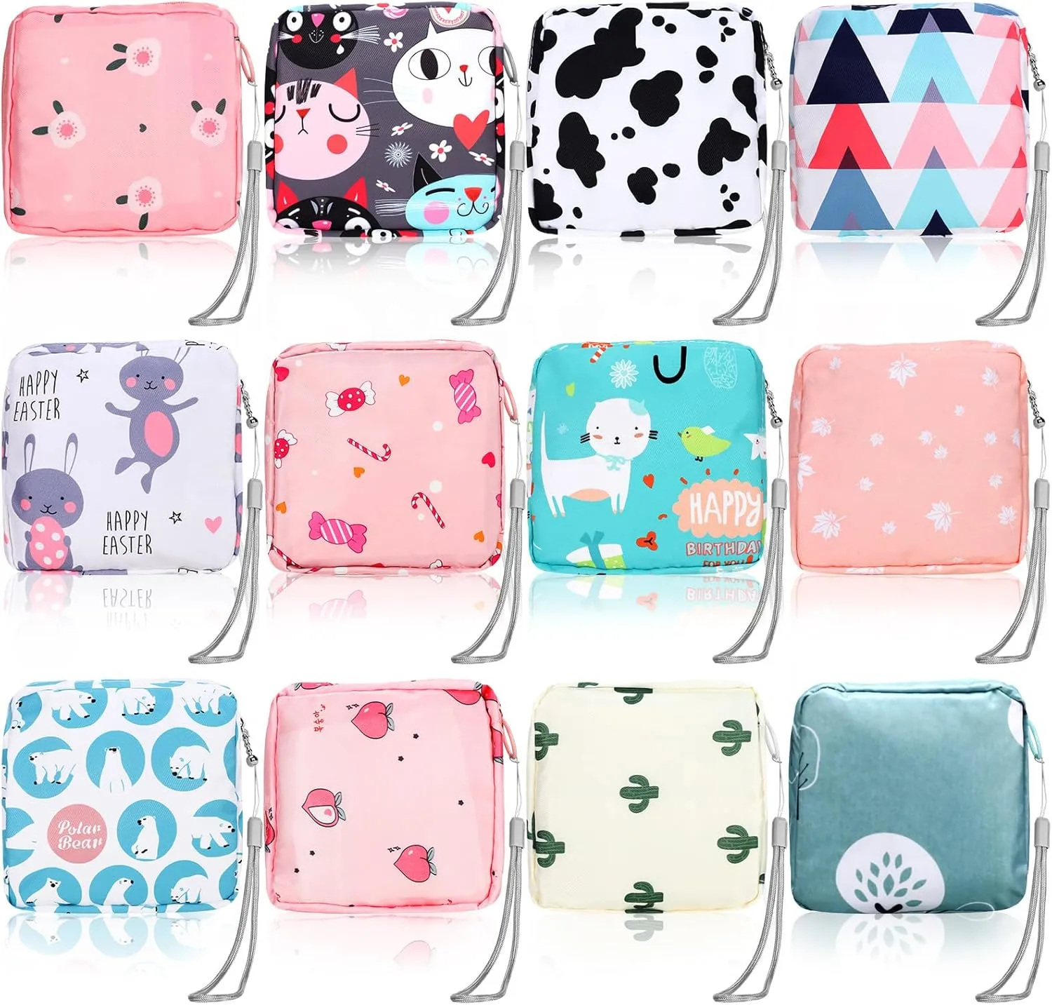 Paterr 12 Pcs Sanitary Napkin Storage Bag Set Including 12 Zipper Menstrual Pad 12 Hand Wrist Strap Lanyard String Lanyard Badge Holder Period Bags Tampons Holder for Women(Chic Style)