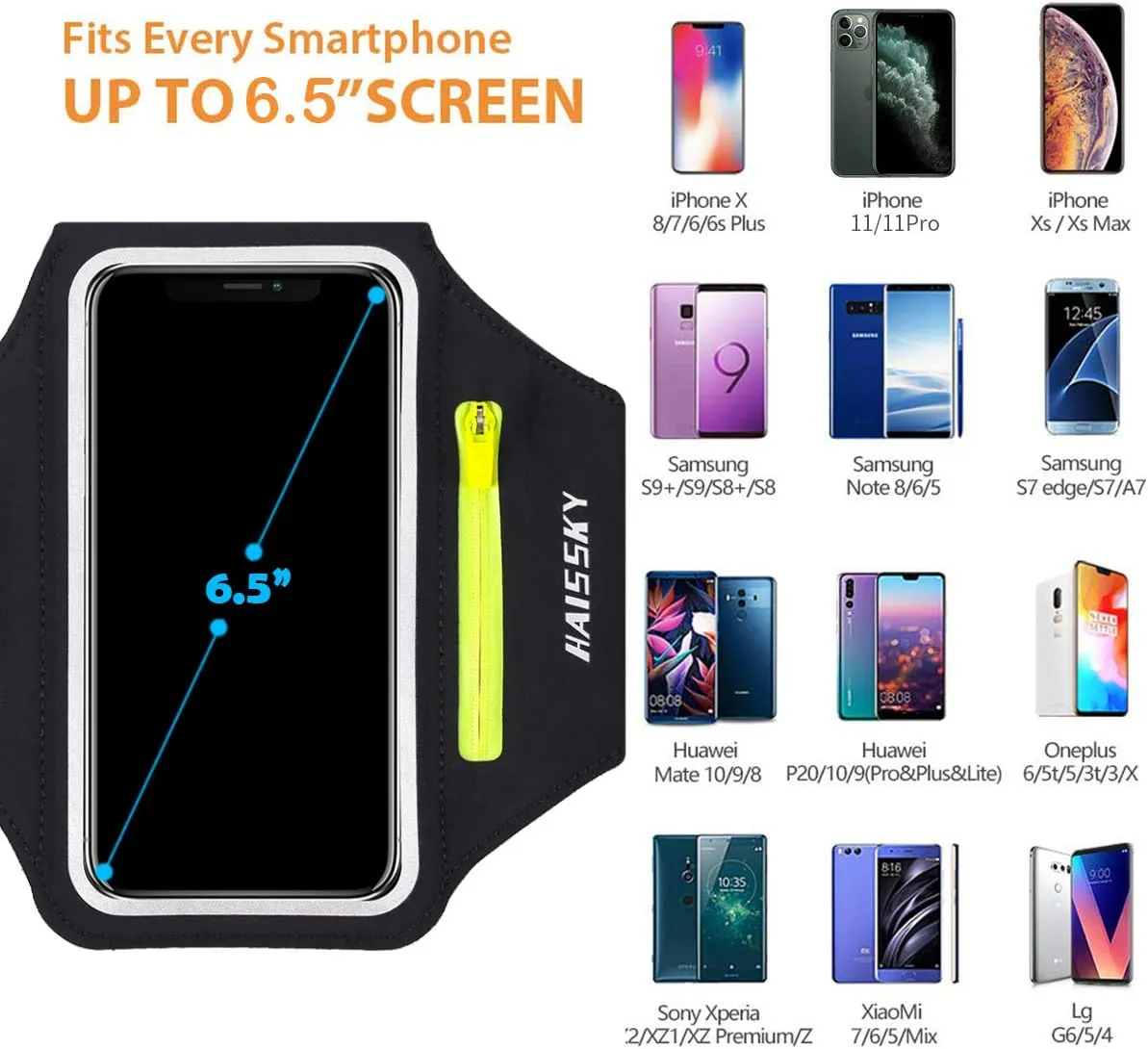 Running Armband with Earphone Bag Cell Phone Armband for iPhone 16 15 Pro 14 Plus 13 11 XR XS, Galaxy S24/S10 Water Resistant Sports Phone Holder Case & Zipper Slot Car Key Holder for 6.7 inch Phone