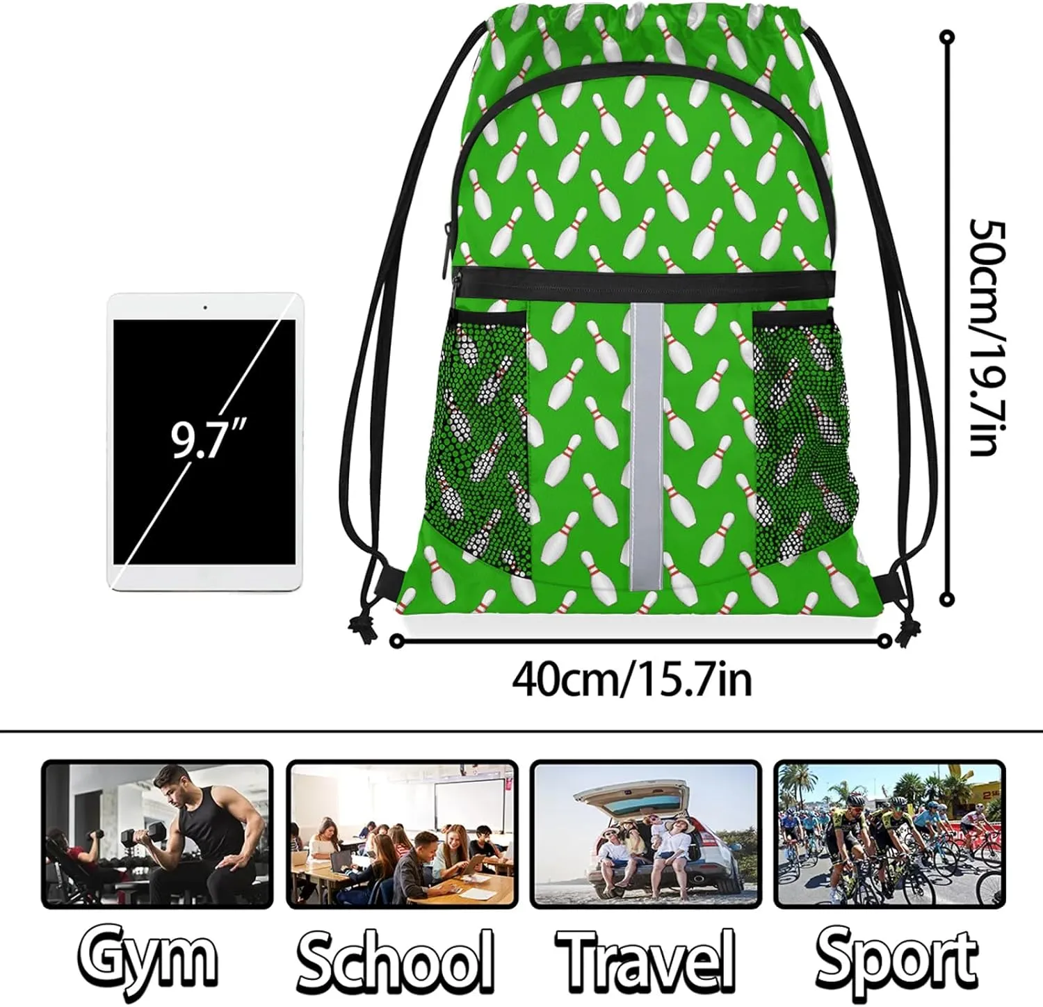 Sport Bowling Ball Drawstring Backpack Green Sports Gym Sackpack for Women Men Waterproof String Bag with Mesh Pockets