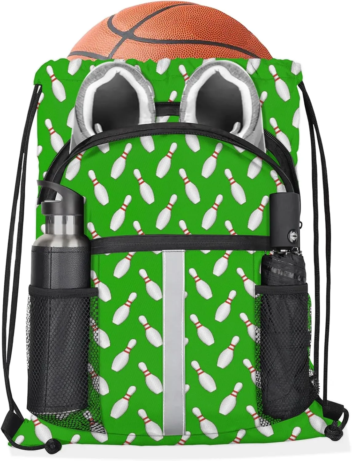 Sport Bowling Ball Drawstring Backpack Green Sports Gym Sackpack for Women Men Waterproof String Bag with Mesh Pockets