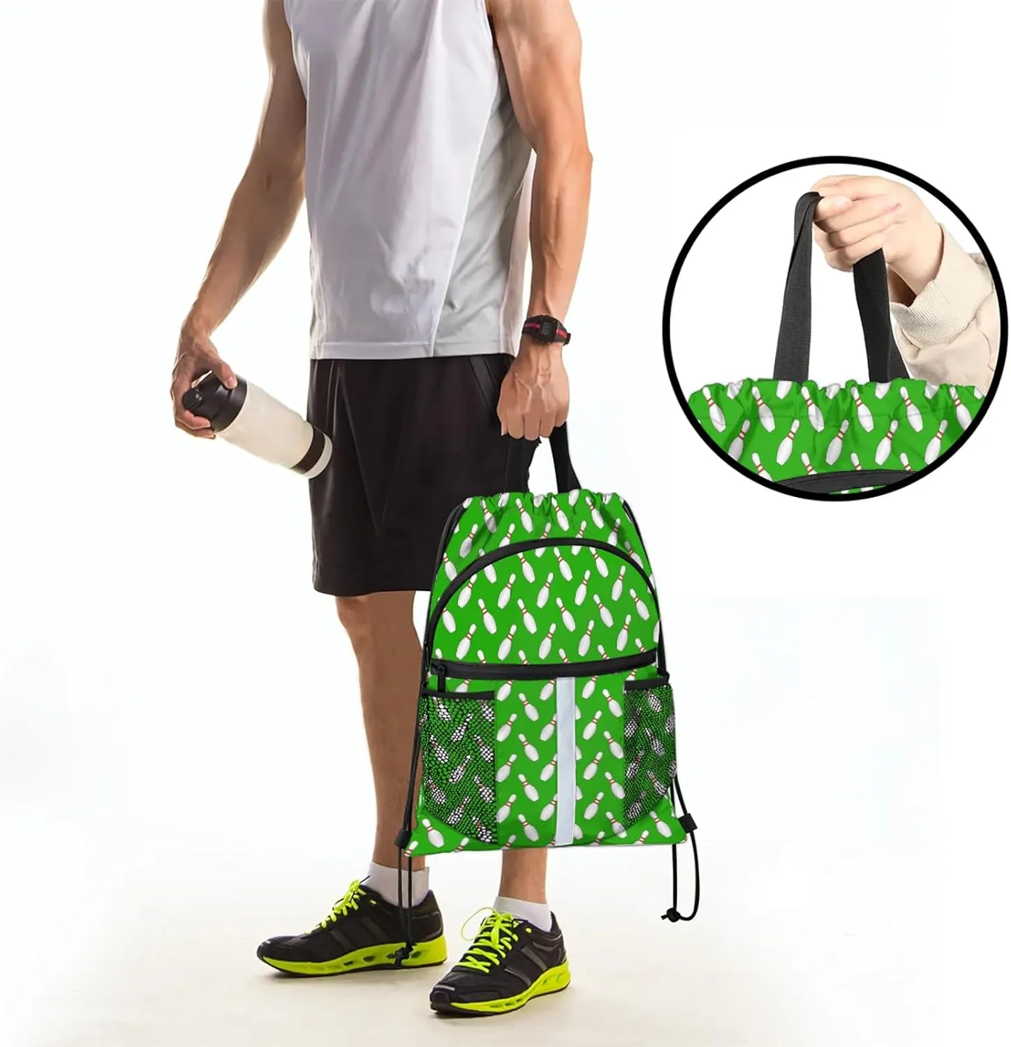Sport Bowling Ball Drawstring Backpack Green Sports Gym Sackpack for Women Men Waterproof String Bag with Mesh Pockets