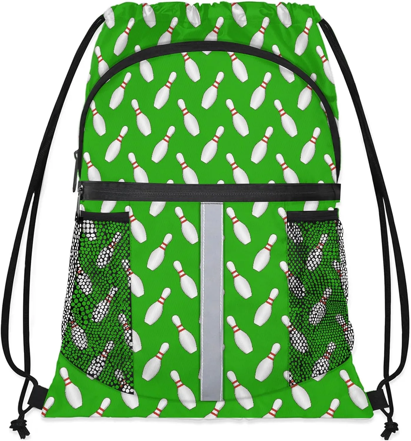Sport Bowling Ball Drawstring Backpack Green Sports Gym Sackpack for Women Men Waterproof String Bag with Mesh Pockets