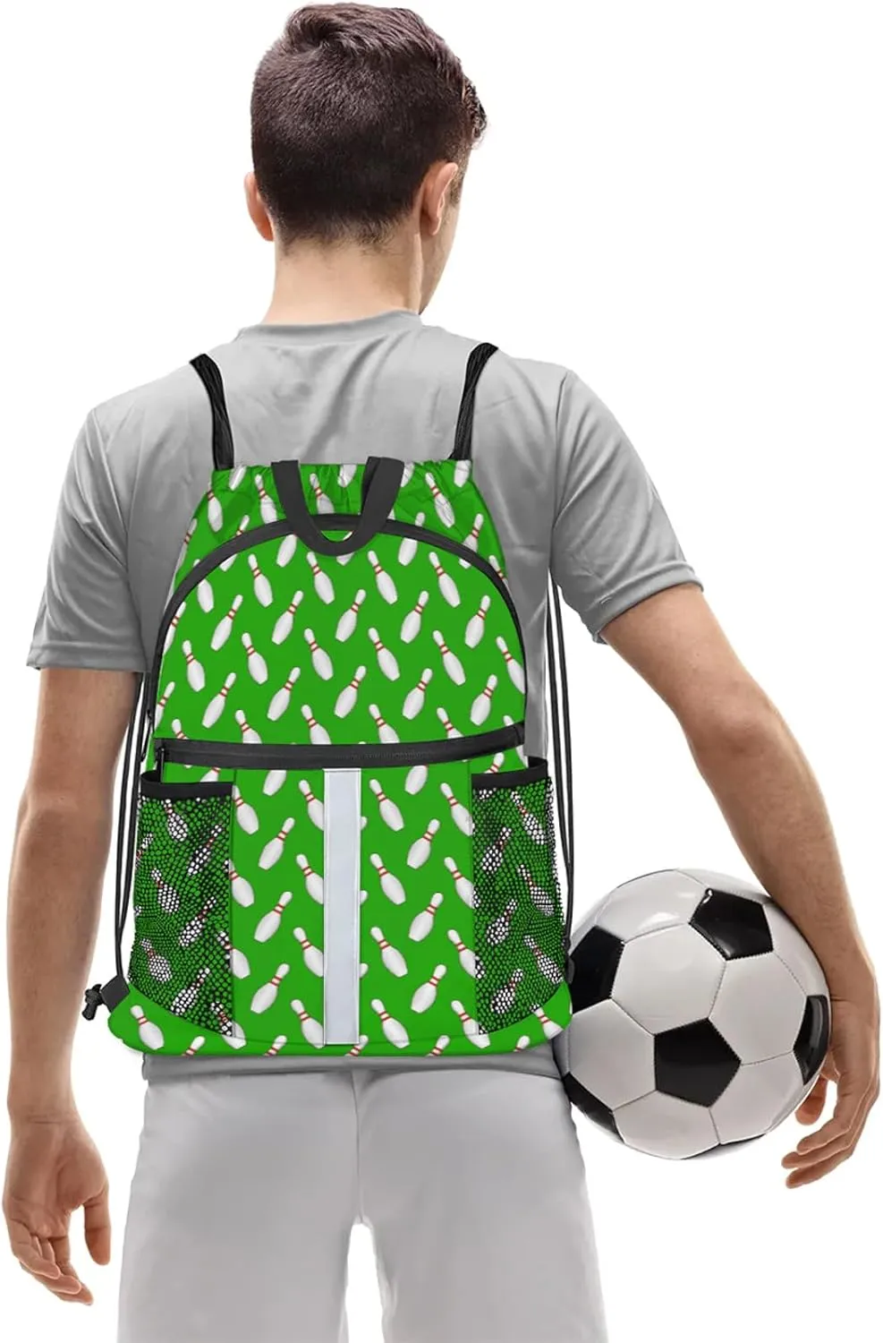 Sport Bowling Ball Drawstring Backpack Green Sports Gym Sackpack for Women Men Waterproof String Bag with Mesh Pockets