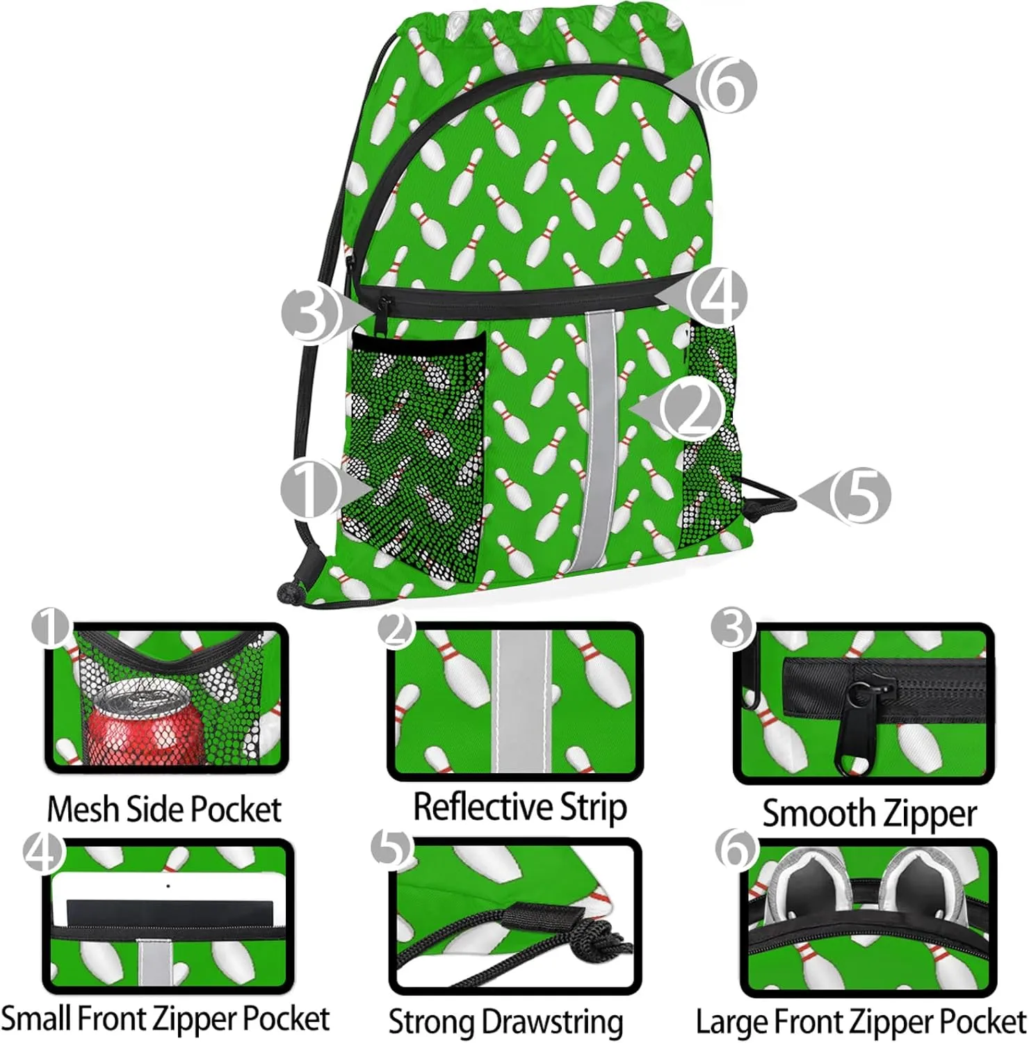 Sport Bowling Ball Drawstring Backpack Green Sports Gym Sackpack for Women Men Waterproof String Bag with Mesh Pockets