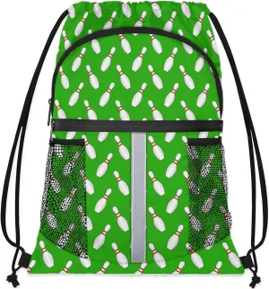 Sport Bowling Ball Drawstring Backpack Green Sports Gym Sackpack for Women Men Waterproof String Bag with Mesh Pockets